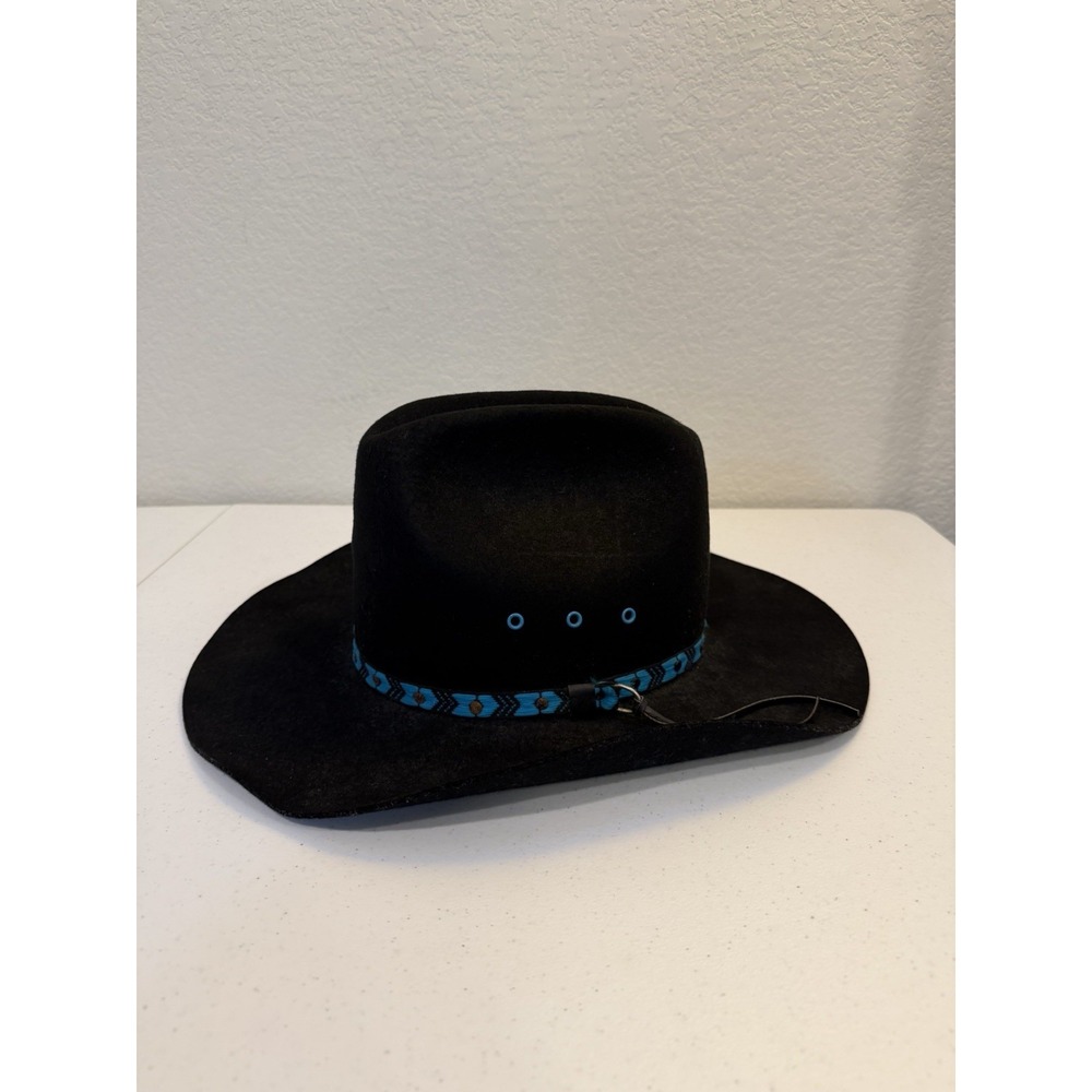 Sheplers Black Western Men's Size 7 1/8 Cowboy Hat Blue Aztec Leather Band